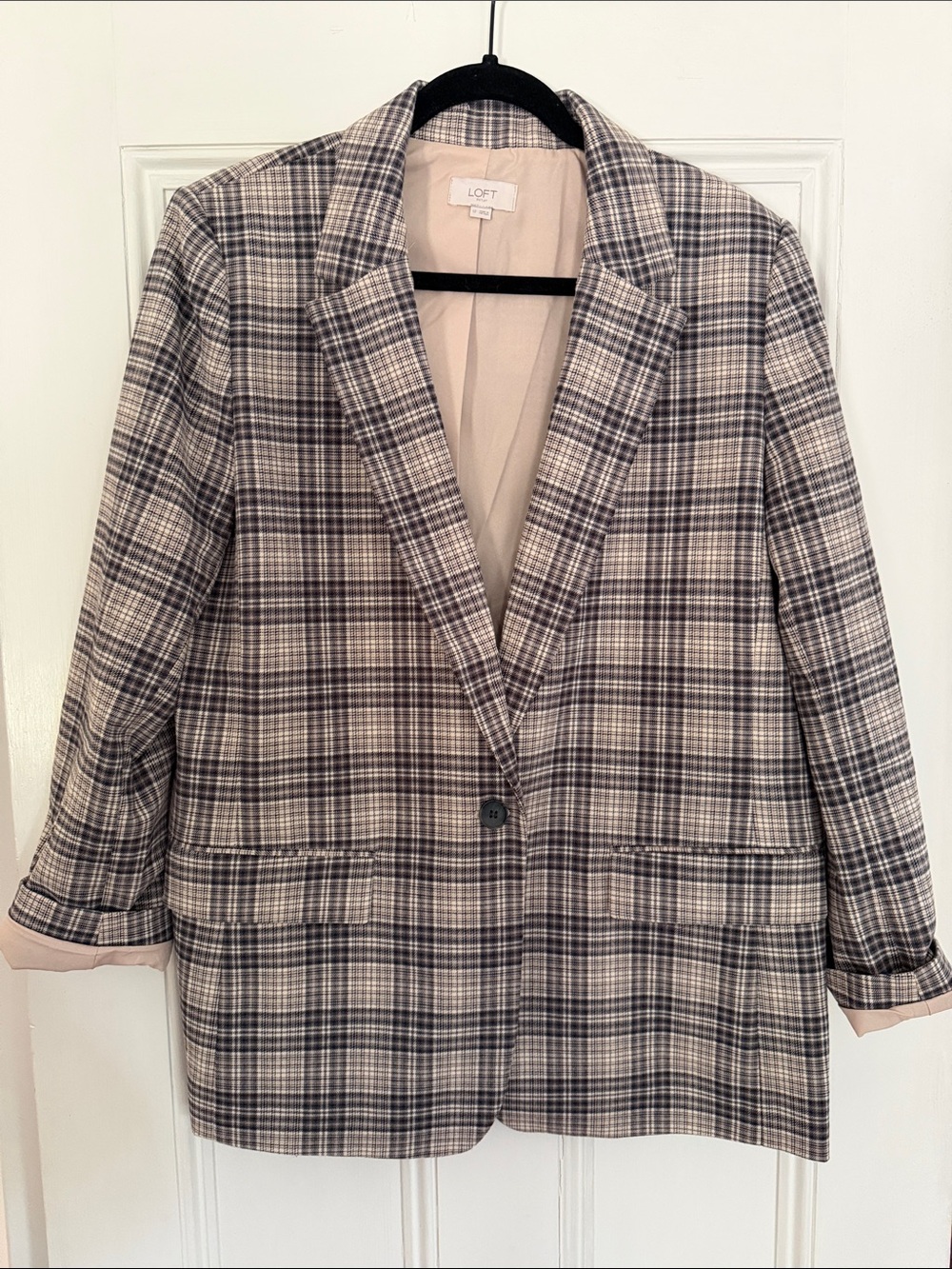 LOFT Plaid Blazer in Beige and Gray Tones